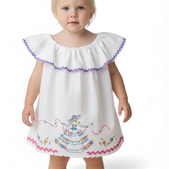 handcrafted Other - Child Dress VTG Pillowcase White Ruffled Sleeve Hand  Embroidered Design | 24mo